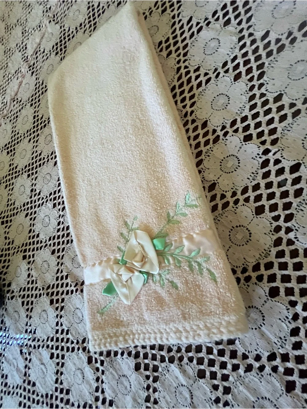 Decorative Cream Hand Towel with Satin Ribbon Rose